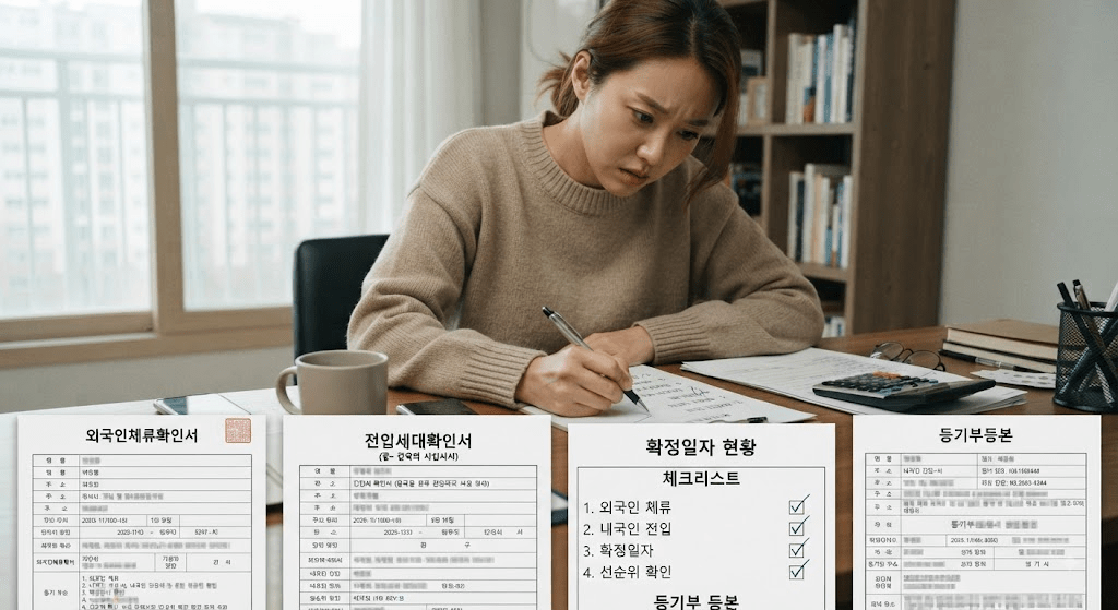 계약 관련 확인 항목이 표시된 서류를 검토하는 여성