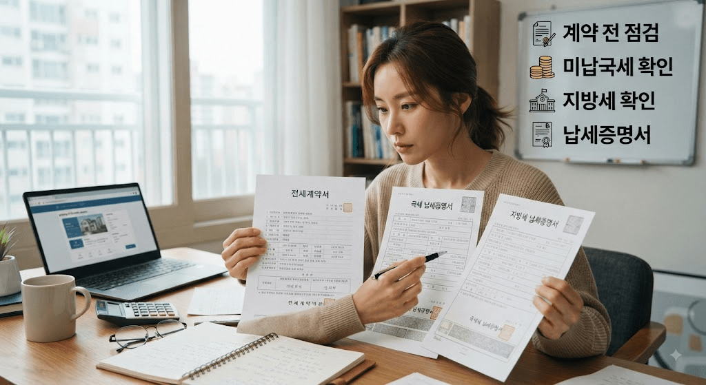두 계약 관련 서류를 비교하는 여성