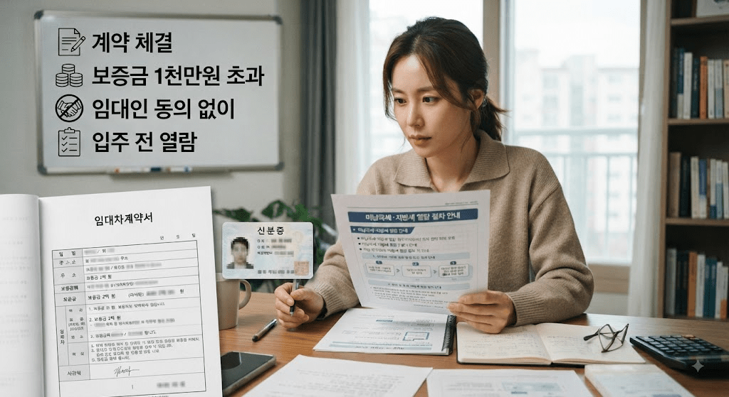 계약 관련 확인 항목이 표시된 서류를 검토하는 여성