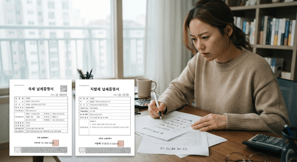 계약 관련 확인 항목이 표시된 서류를 검토하는 여성