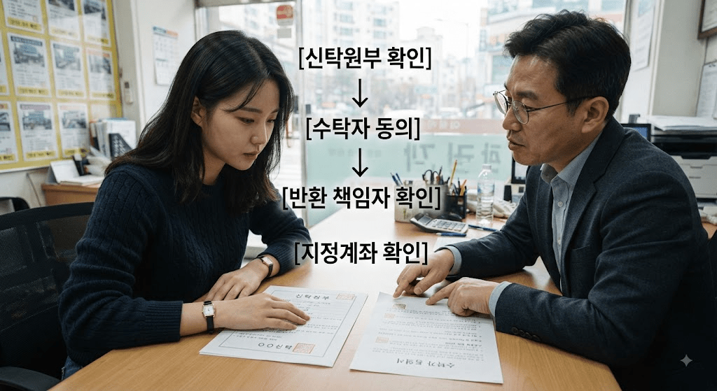 임대차 계약 서류와 확인 항목을 보며 상담하는 사람들