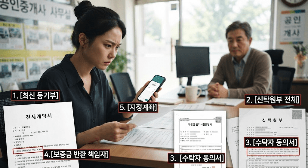 임대차 계약 서류와 확인 항목을 보며 상담하는 사람들
