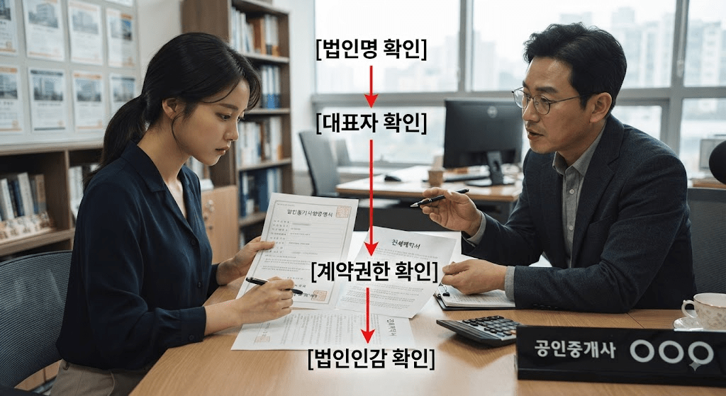 임대차 계약 서류와 확인 항목을 보며 상담하는 사람들