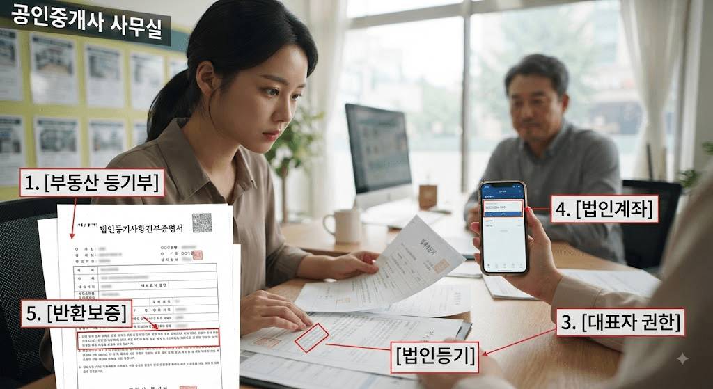 임대차 계약 서류와 확인 항목을 보며 상담하는 사람들