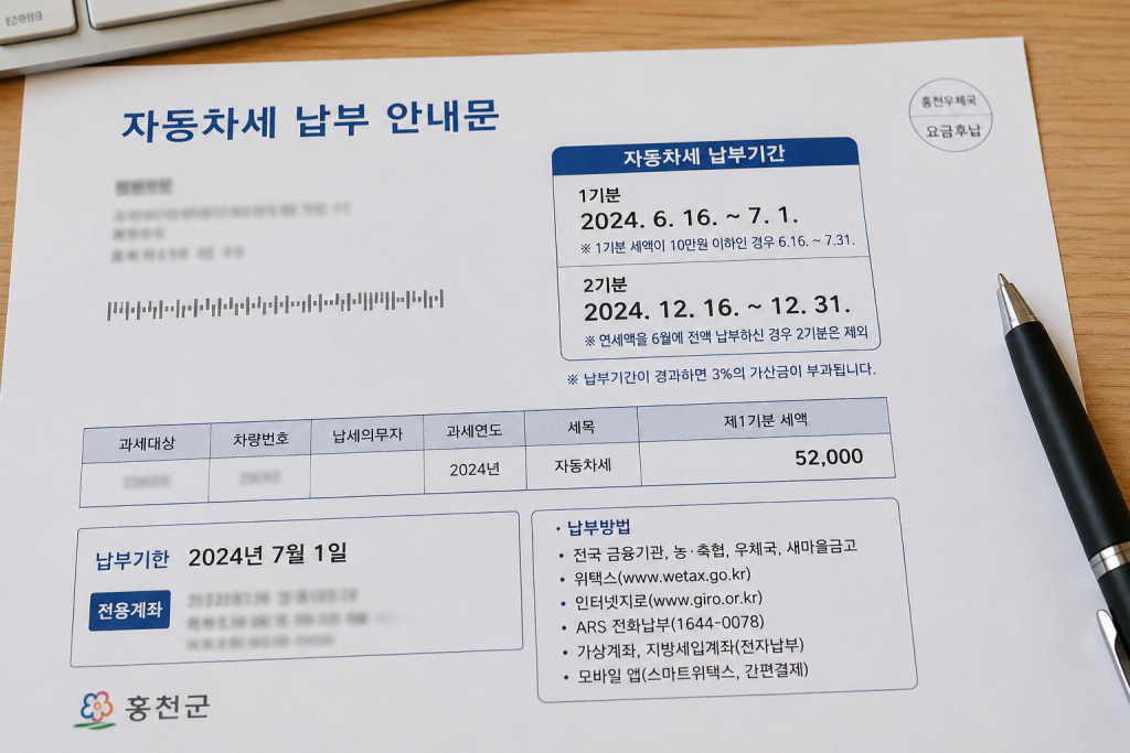 자동차세 납부 안내문 예시