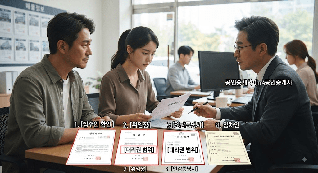 임대차 계약 서류와 확인 항목을 보며 상담하는 사람들