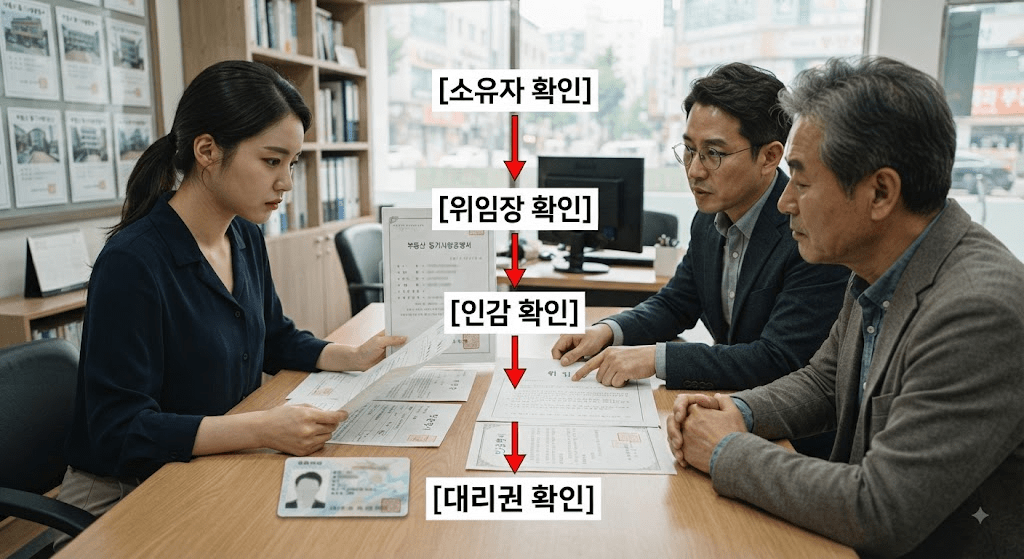 임대차 계약 서류와 확인 항목을 보며 상담하는 사람들
