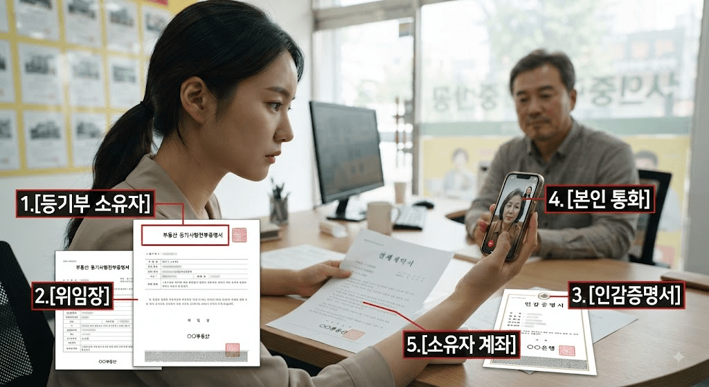 임대차 계약 서류와 확인 항목을 보며 상담하는 사람들