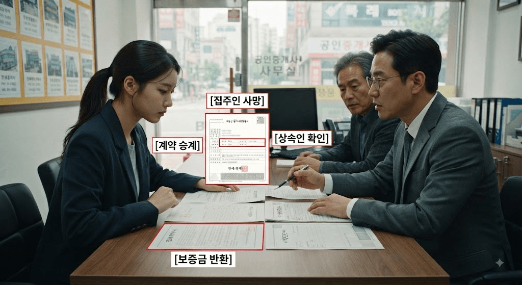 임대차 계약 서류와 확인 항목을 보며 상담하는 사람들