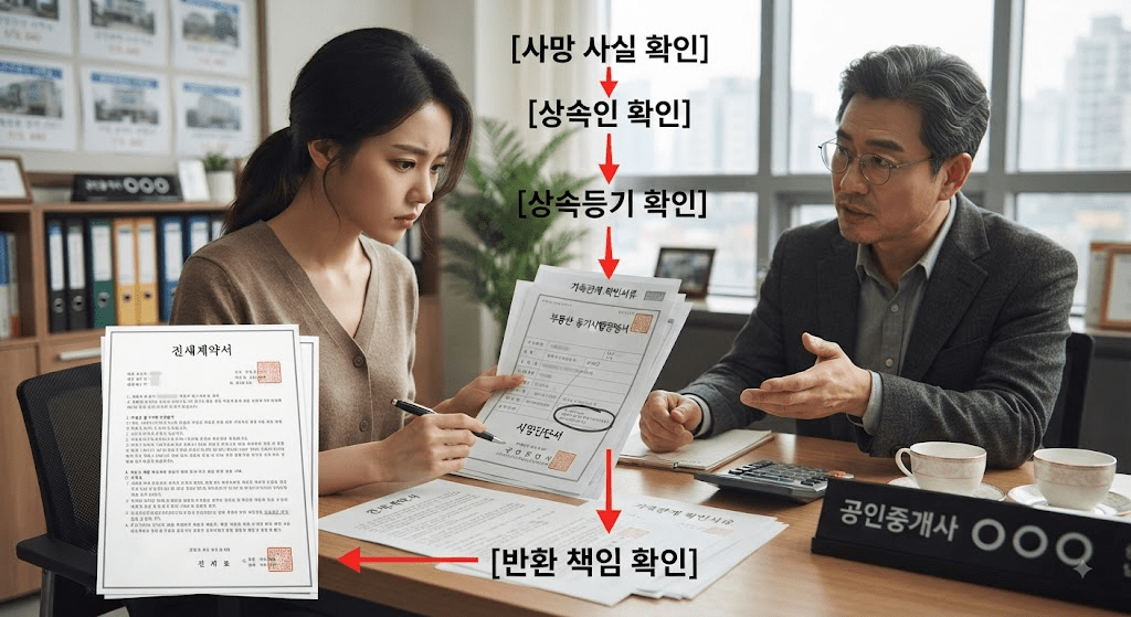 임대차 계약 서류와 확인 항목을 보며 상담하는 사람들