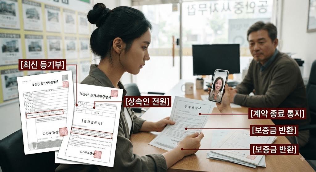 임대차 계약 서류와 확인 항목을 보며 상담하는 사람들
