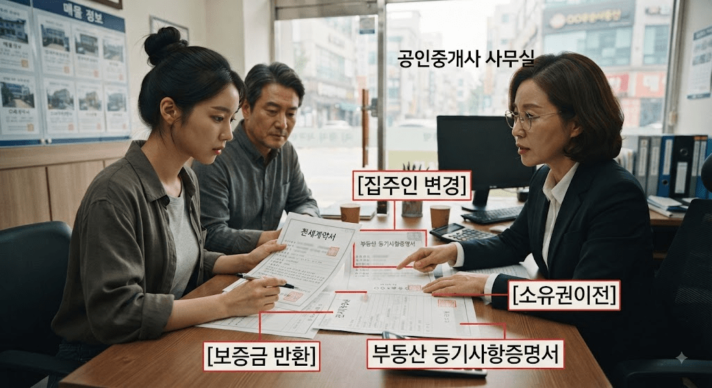 임대차 계약 서류와 확인 항목을 보며 상담하는 사람들
