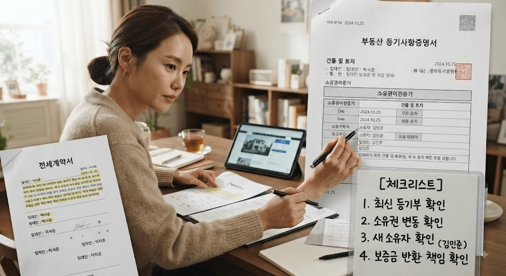 휴대전화와 계약 확인 항목이 표시된 서류를 확인하는 여성