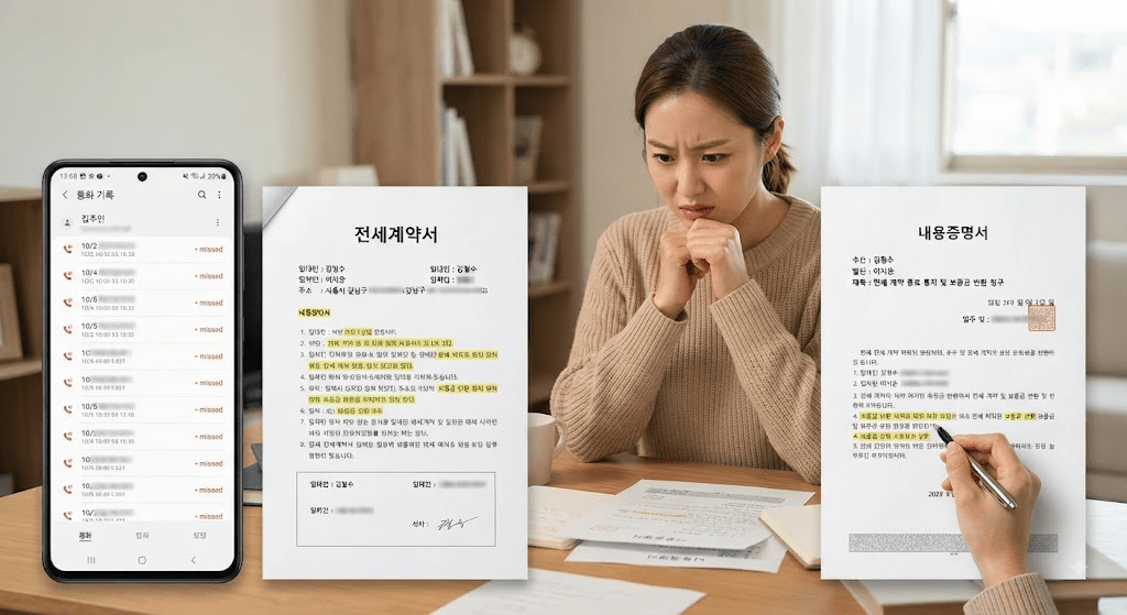 계약서 옆에서 스마트폰 화면을 확인하는 모습