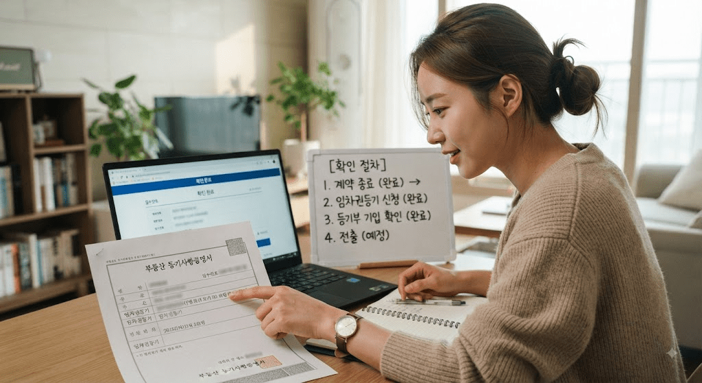 계약 관련 확인 항목이 표시된 서류를 검토하는 여성