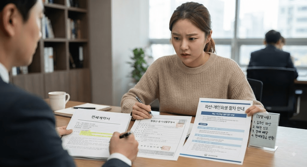 상담 창구에서 서류를 함께 검토하는 두 사람