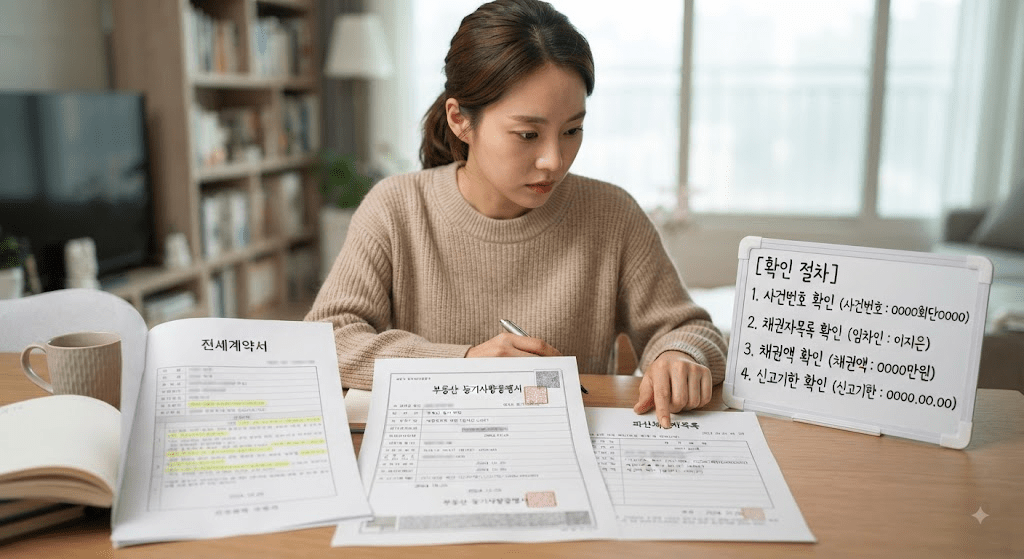 책상에 펼친 서류를 검토하는 여성