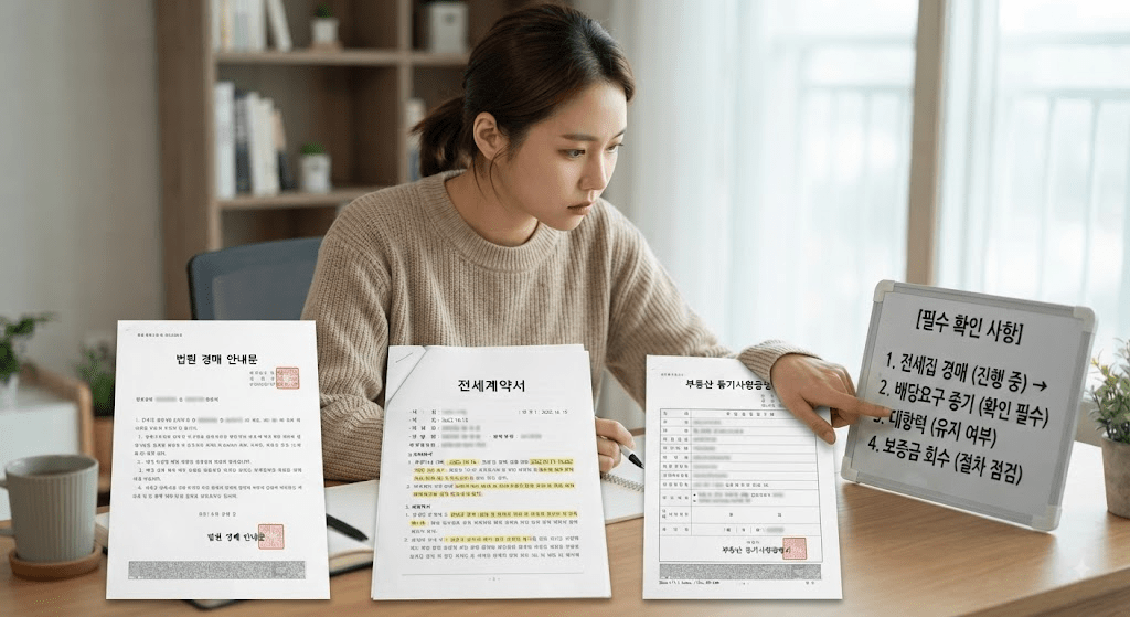 책상에 펼친 서류를 검토하는 여성