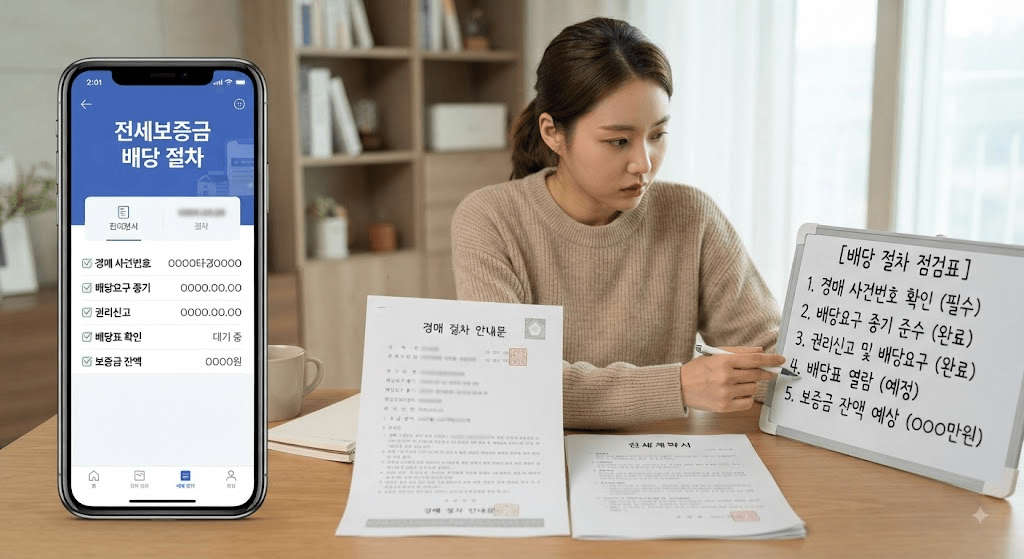 휴대전화와 계약 확인 항목이 표시된 서류를 확인하는 여성