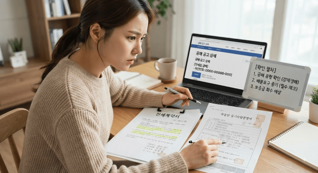 노트북 화면과 서류를 확인하는 여성