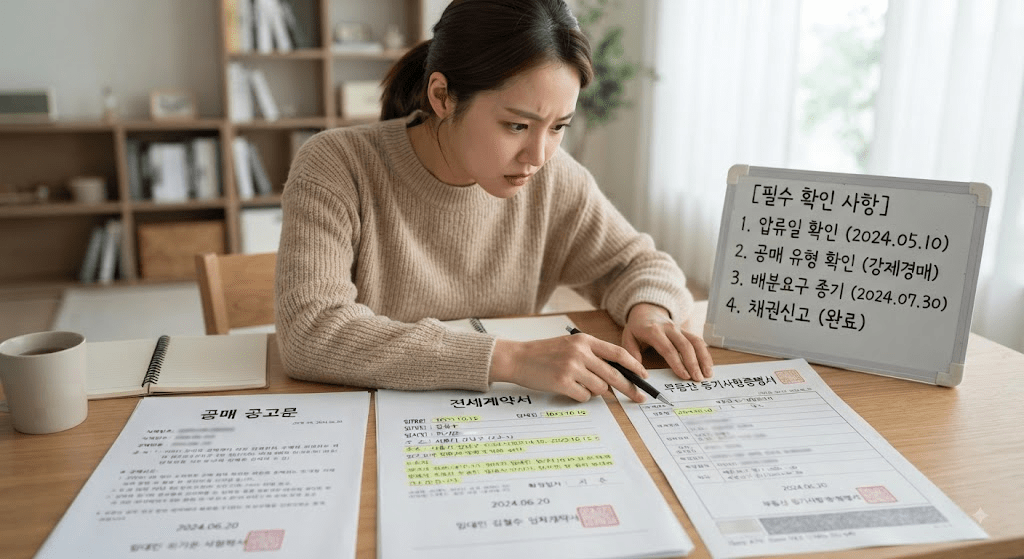 책상에 펼친 서류를 검토하는 여성