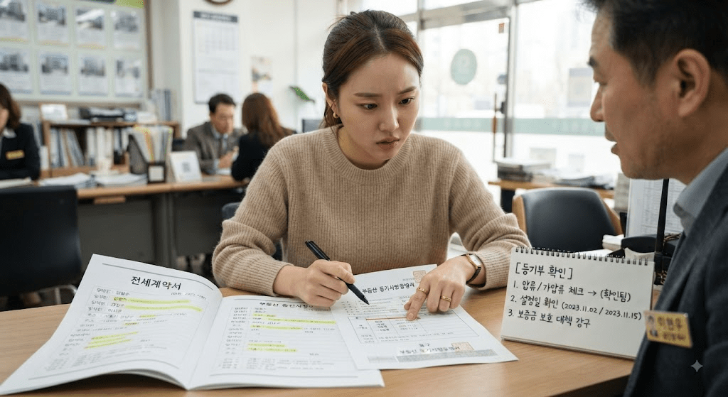 상담 창구에서 서류를 함께 검토하는 두 사람
