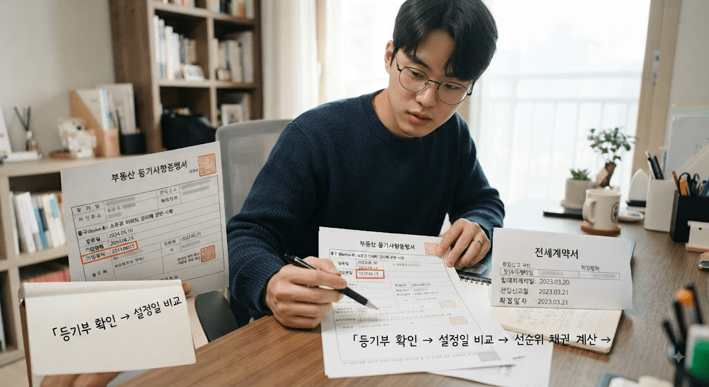 책상에 펼친 서류를 검토하는 남성