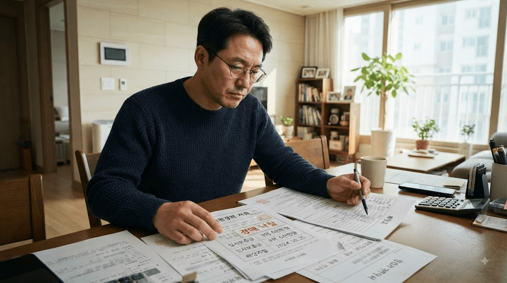 책상에 펼친 서류를 검토하는 남성