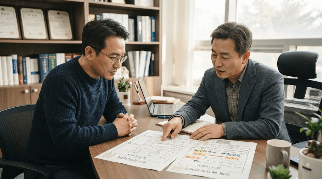 상담 창구에서 서류를 함께 검토하는 두 사람