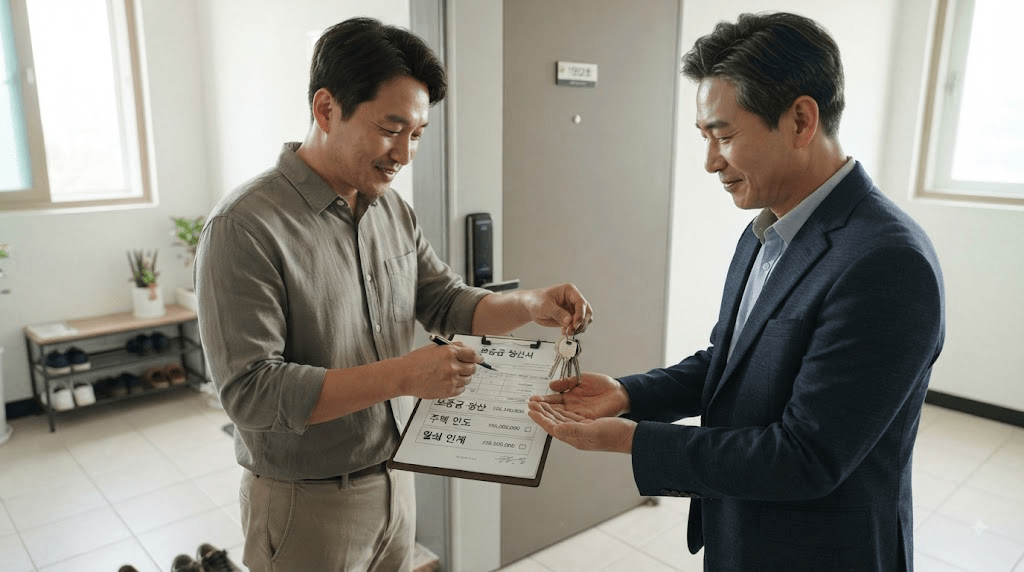 창구에서 신분증과 서류를 확인하는 두 남성