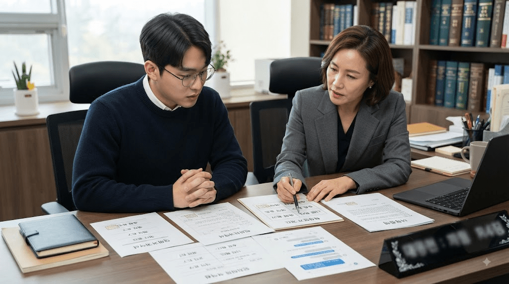 상담 창구에서 서류를 함께 검토하는 두 사람
