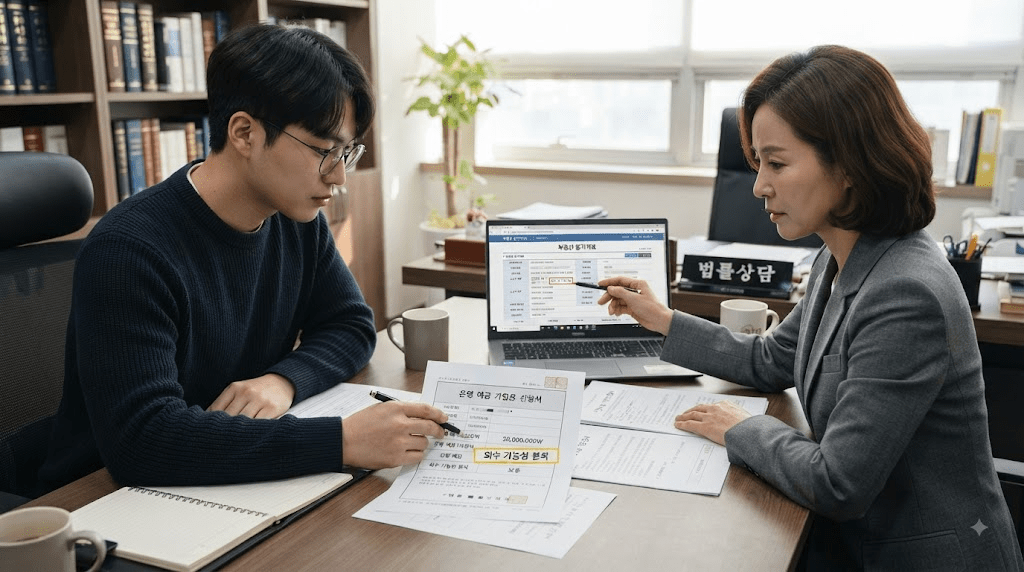 상담 창구에서 서류를 함께 검토하는 두 사람