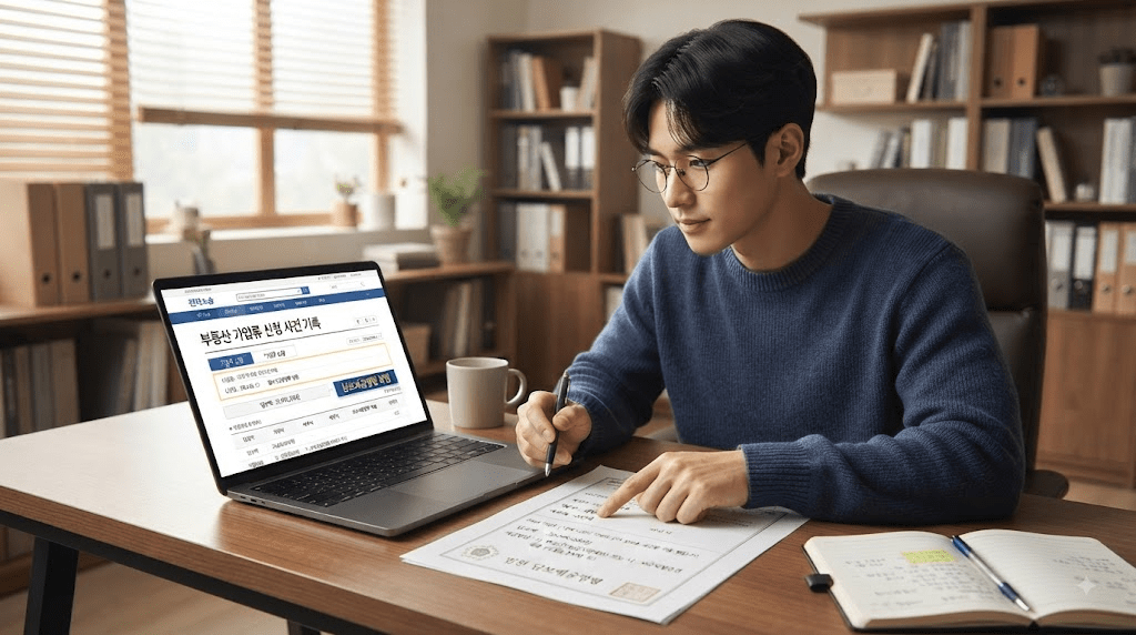 노트북 또는 컴퓨터 화면과 서류를 확인하는 남성