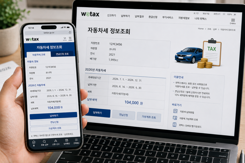 노트북과 휴대전화의 자동차세 조회 화면 예시