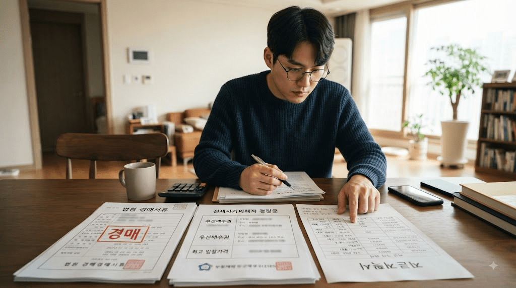 책상에 펼친 서류를 검토하는 남성