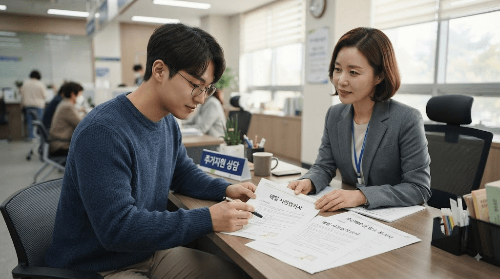 상담 창구에서 서류를 함께 검토하는 두 사람