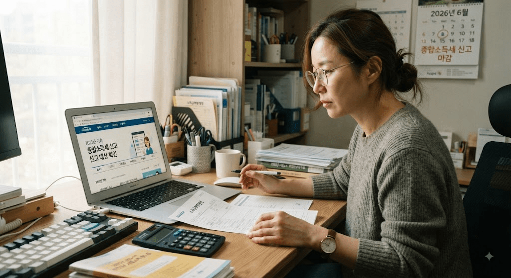 노트북 화면과 서류를 확인하는 여성