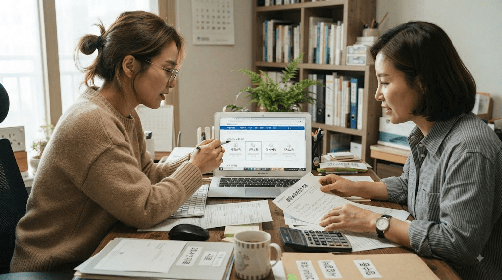 노트북 화면과 안내 자료를 함께 확인하는 두 여성