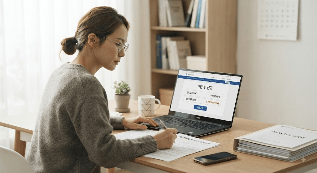 노트북 화면과 서류를 확인하는 여성