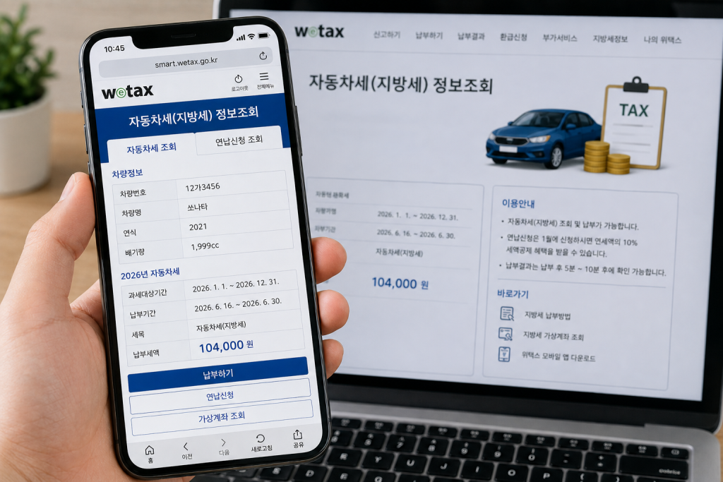 노트북과 휴대전화의 자동차세 연납 화면 예시