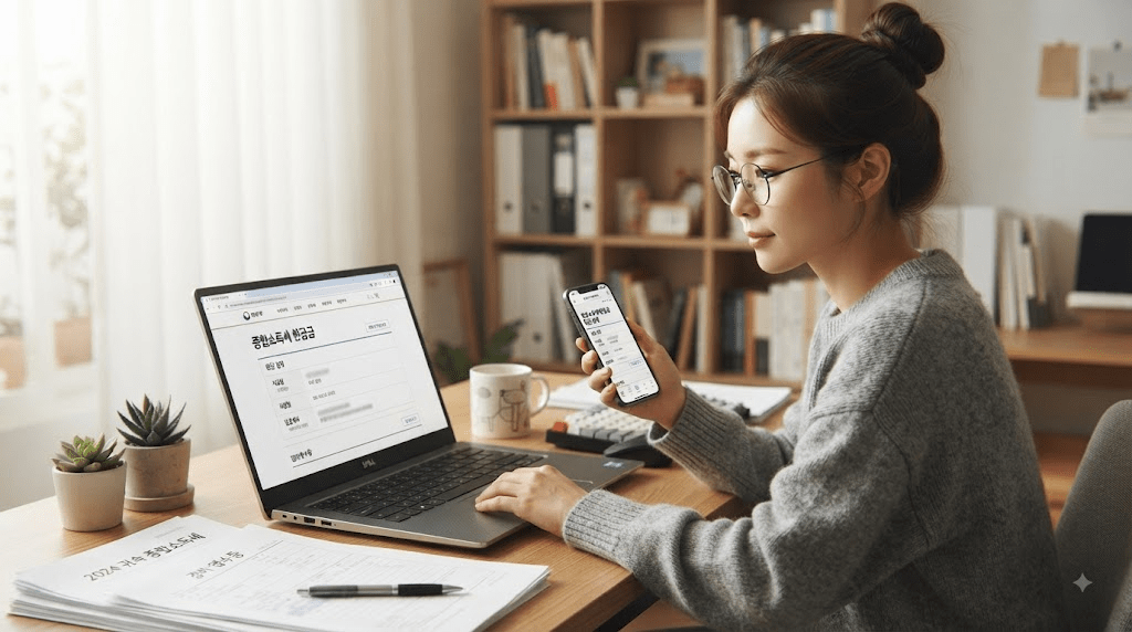 휴대전화 화면을 확인하는 여성