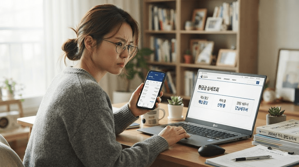 휴대전화 화면을 확인하는 여성