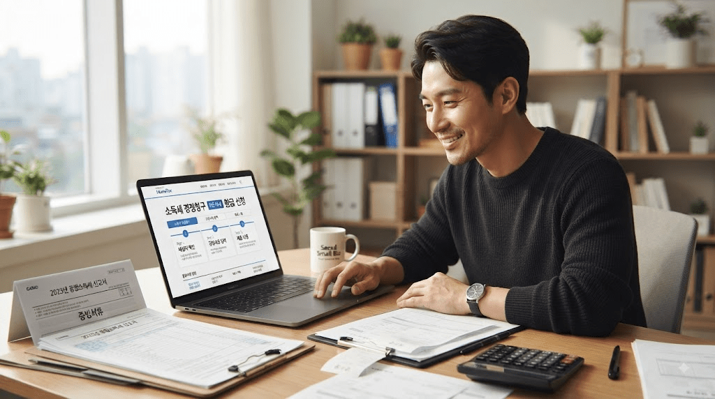 노트북 또는 컴퓨터 화면과 서류를 확인하는 남성