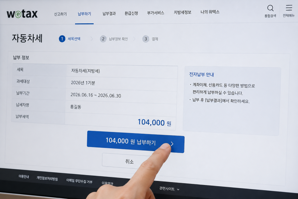 자동차세 금액 조회 화면을 가리키는 손