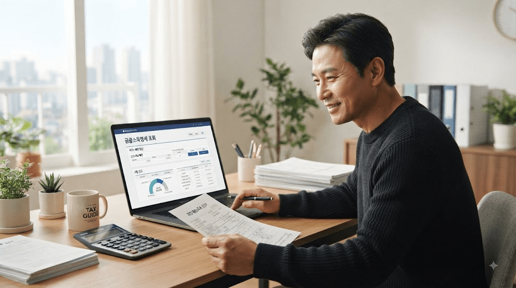 노트북 또는 컴퓨터 화면과 서류를 확인하는 남성