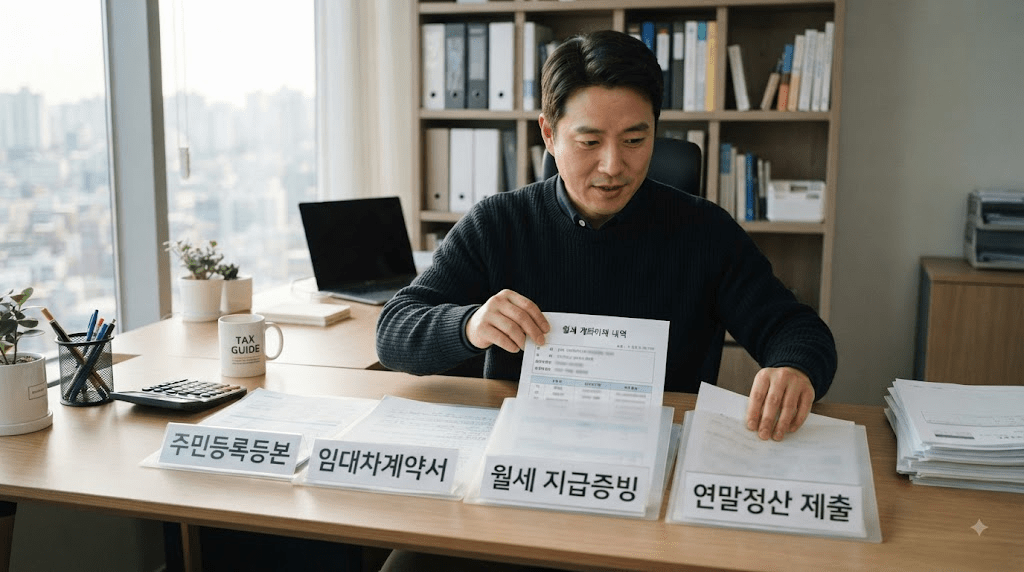 책상에 펼친 서류를 검토하는 남성
