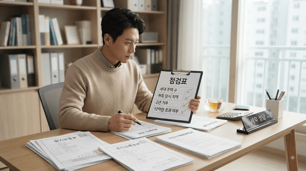 책상에 펼친 서류를 검토하는 남성
