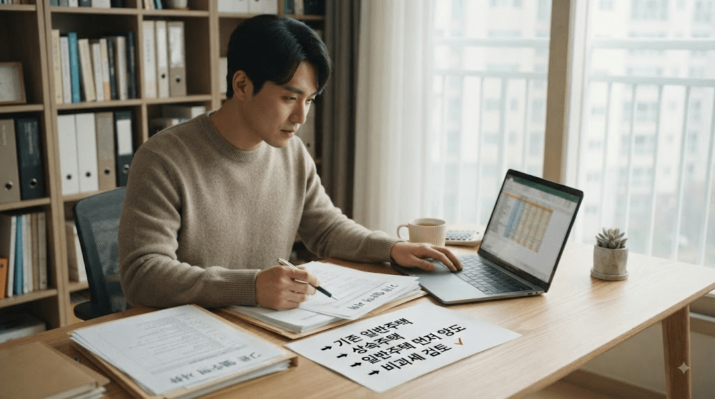 노트북 또는 컴퓨터 화면과 서류를 확인하는 남성