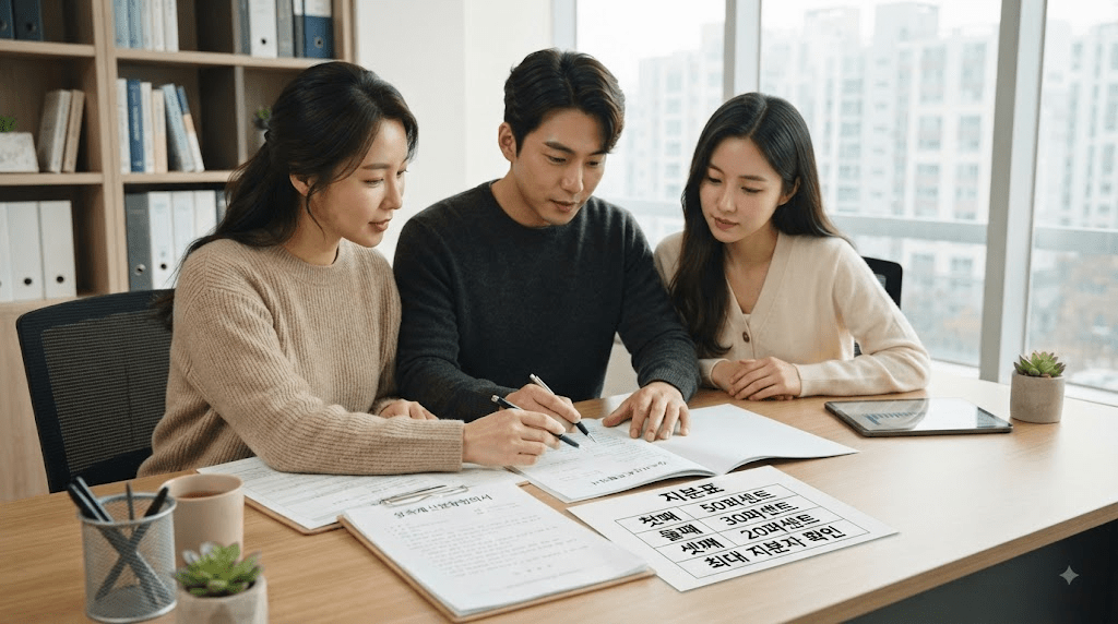 탁자에 모여 서류를 함께 확인하는 가족