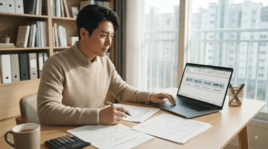 노트북 또는 컴퓨터 화면과 서류를 확인하는 남성